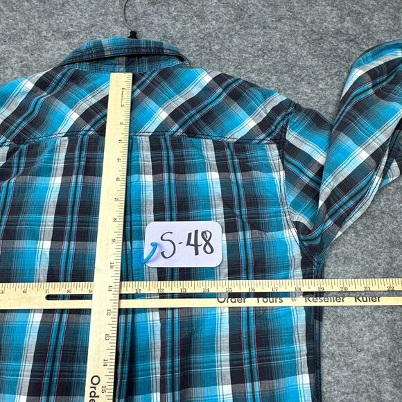 Skully Shirt Mens Medium Snap Up Teal Plaid Western Cowboy‎ Ranch Rodeo - Picture 8 of 10